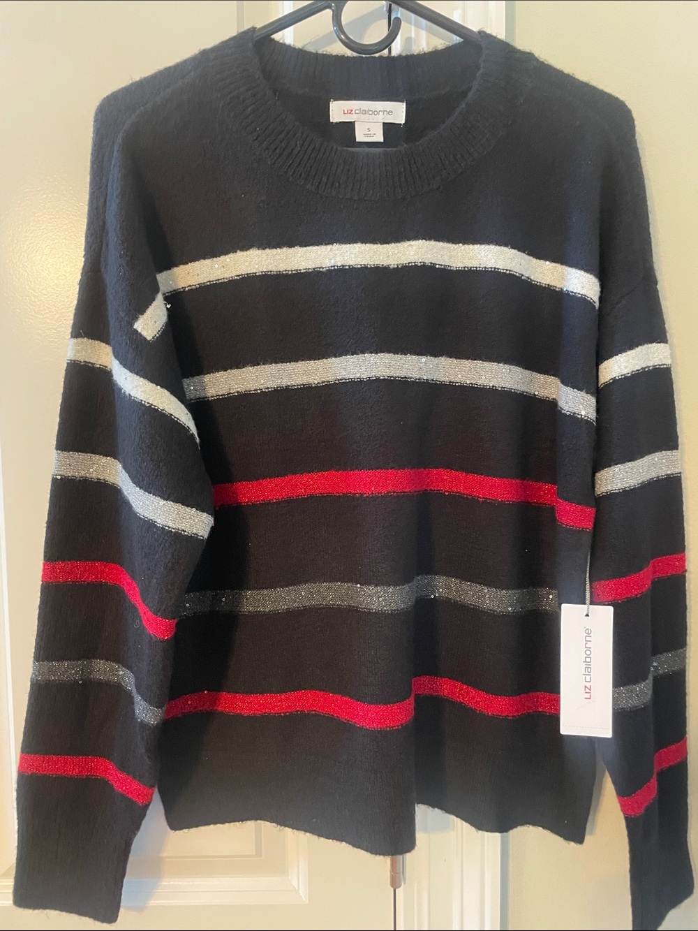 Liz Claiborne Black Crewneck Sweater with Red and Silver Stripes